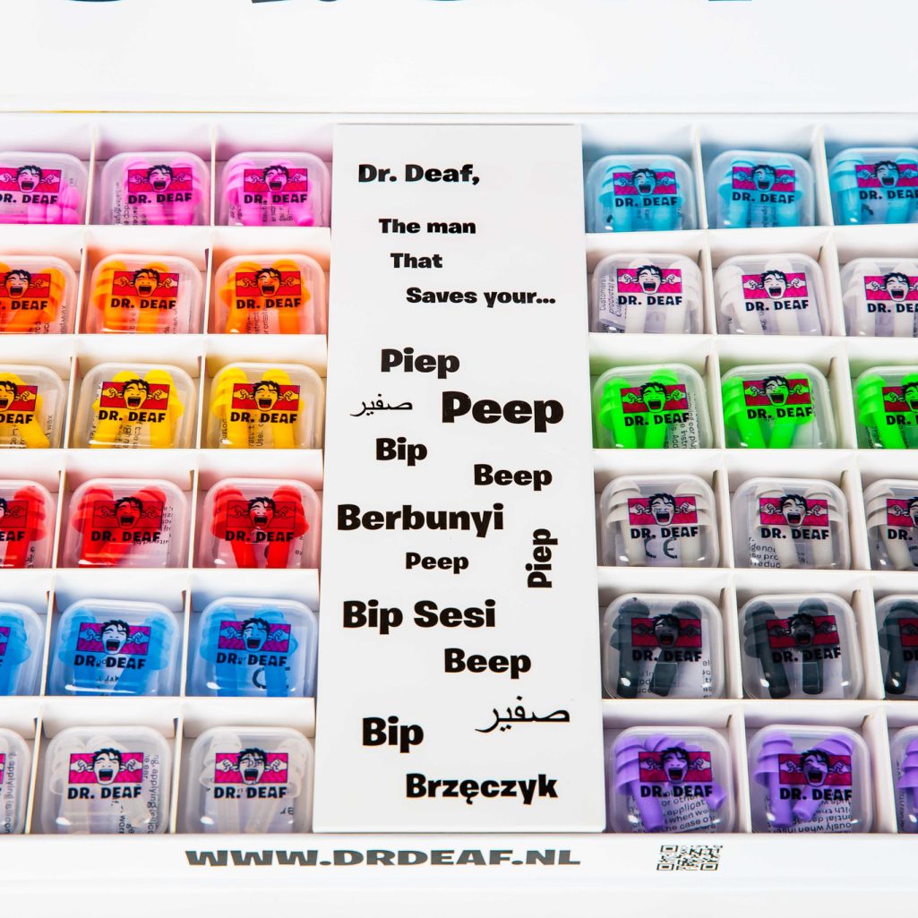 Product picture of box containing 36 pairs of festival earplugs in different colours