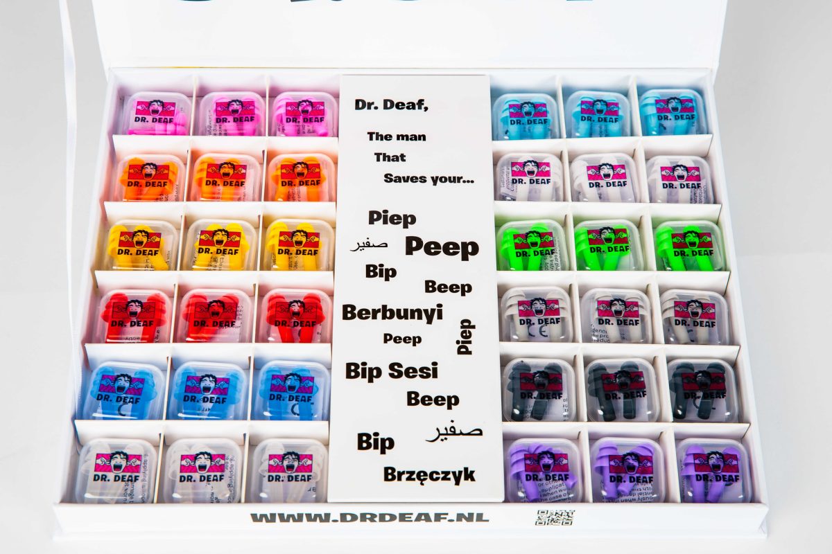 Product picture of box containing 36 pairs of festival earplugs in different colours